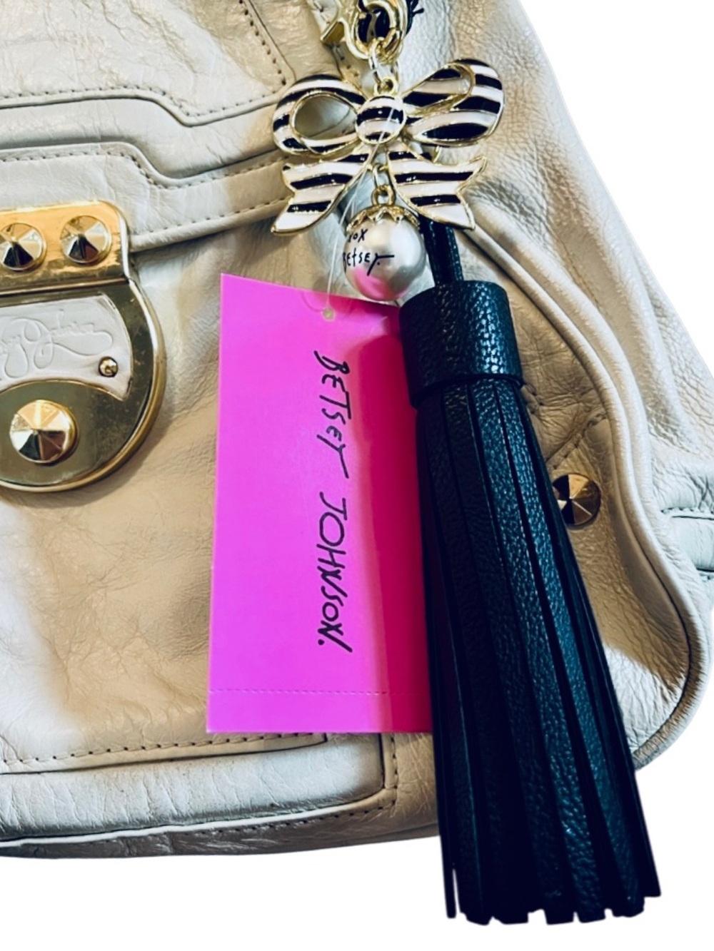 Betsey Johnson Bag Purse Charm B&W Stripe Enameled Bow Gold Tone NWT